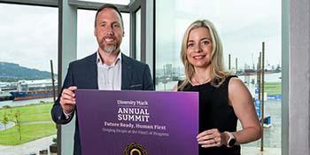 Pictured at the 2026 Diversity Mark summit launch are Stephen McKeown, Vice president & managing director at Allstate NI, and Diversity Mark director Christine White. 